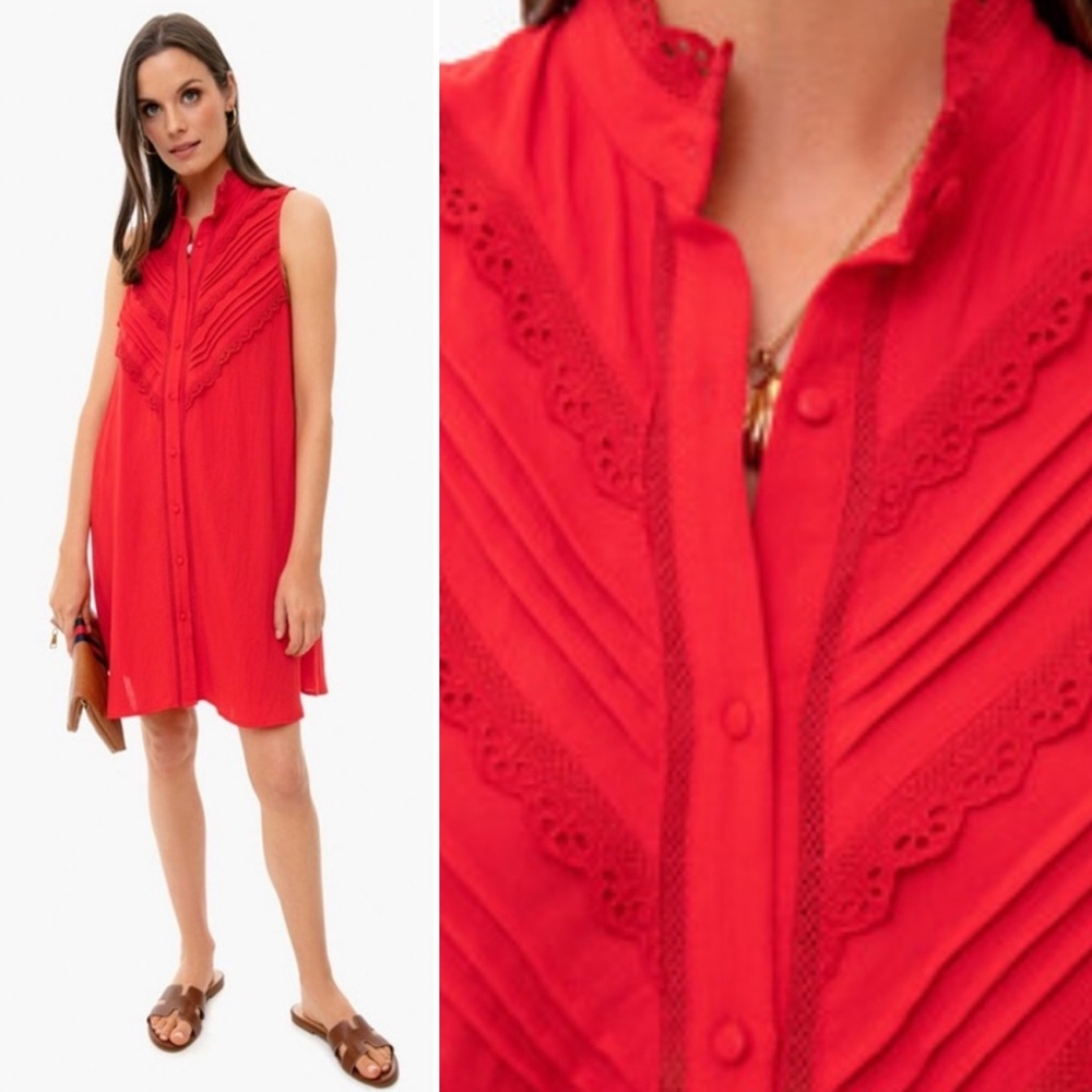 Tuckernuck Sleeveless Red Pintuck & Lace Shift Dress